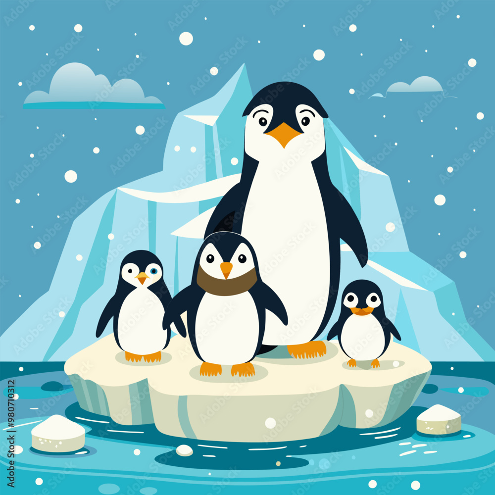 Fototapeta premium A family of penguins enjoying a snowy day on an iceberg. This cute and heartwarming illustration is perfect for children's books, winter-themed projects.