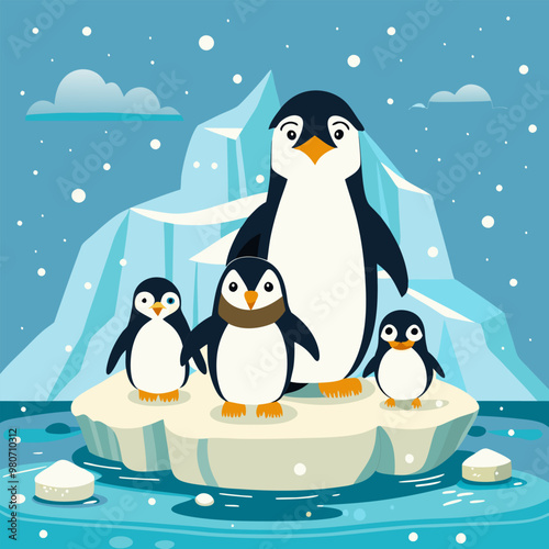 A family of penguins enjoying a snowy day on an iceberg. This cute and heartwarming illustration is perfect for children's books, winter-themed projects.