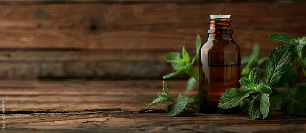 A bottle of mint essential oil and mint leaves are displayed on a wooden table providing a blank area for text alongside the image. with copyspace image A bottle of mint essential oil and mint leaves are displayed on a wooden table providing a blank area for text alongside the image. with copyspace image
