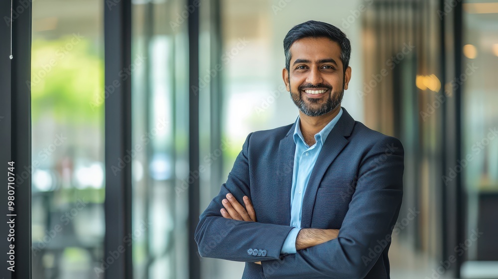 Empowering Image of a Happy Indian Businessman Embracing Professional Leadership in a Modern Office Setting Empowering Image of a Happy Indian Businessman Embracing Professional Leadership in a Modern Office Setting
