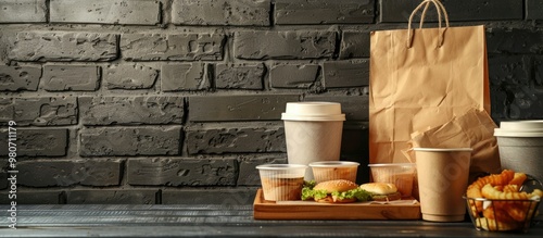 Food takeout containers and a paper bag displayed on a brick background with copy space image photo