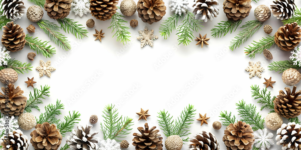 3D Snowflakes and Pinecones Border Design with Copy Space for Winter Product Displays - Ideal for Ecommerce Banners and Seasonal Promotions 3D Snowflakes and Pinecones Border Design with Copy Space for Winter Product Displays - Ideal for Ecommerce Banners and Seasonal Promotions