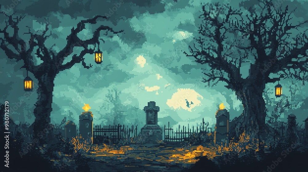 A haunting pixel art scene featuring a graveyard, eerie trees, lanterns, and a moody sky, perfect for Halloween or spooky designs. A haunting pixel art scene featuring a graveyard, eerie trees, lanterns, and a moody sky, perfect for Halloween or spooky designs.