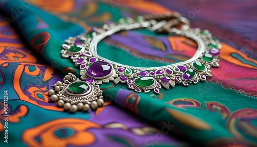 Elegant silver necklace adorned with vibrant purple and green gemstones displayed on a richly patterned fabric backdrop photo