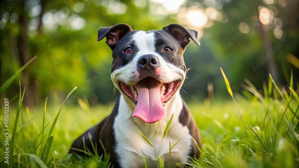 This lovable black and white pitbull dog is grinning from ear to ear, tongue lolling out of its This lovable black and white pitbull dog is grinning from ear to ear, tongue lolling out of its