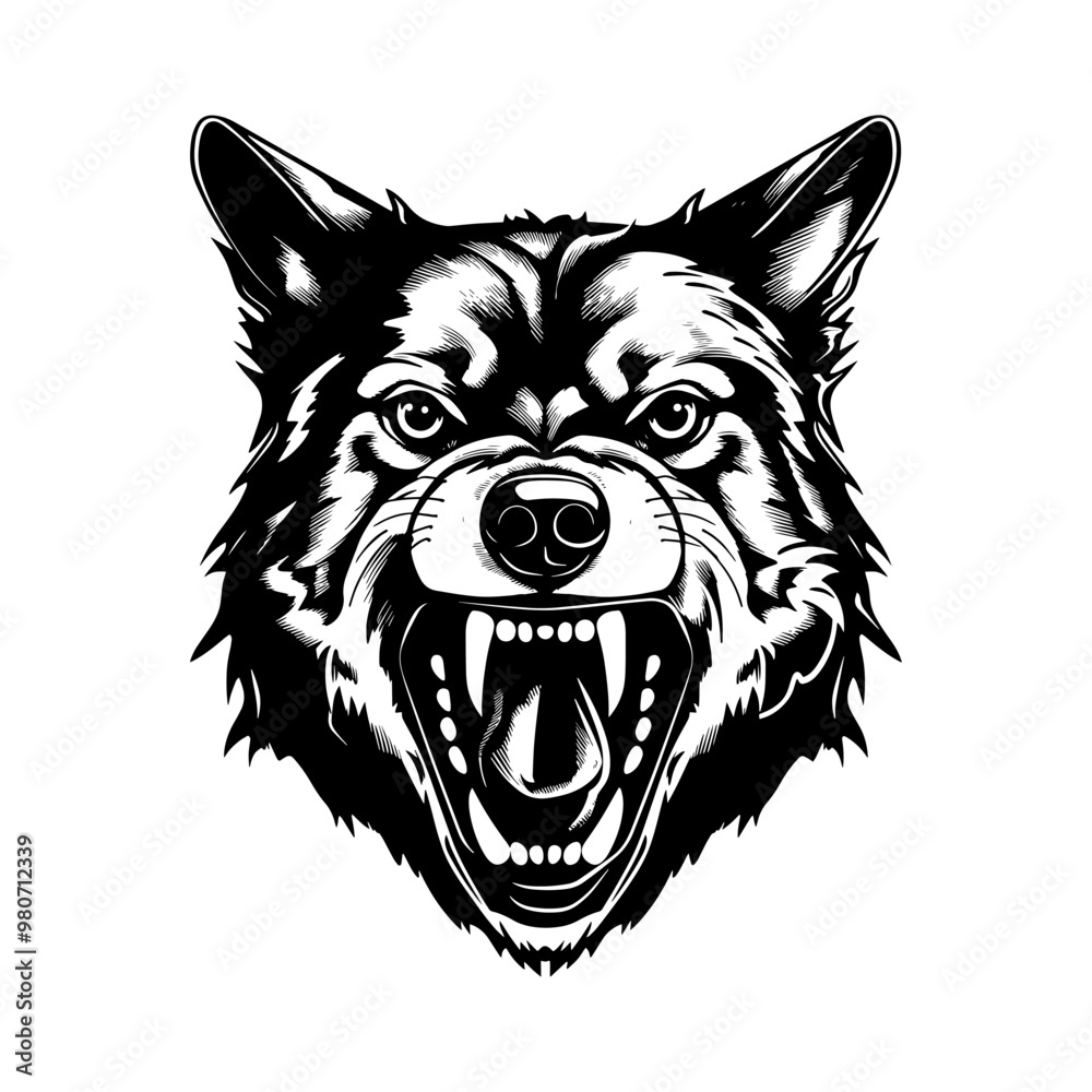 Fototapeta premium Aggressive dog head illustrations with bared teeth, detailed vector illustration. Ferocious canine faces black and white, powerful expressions and sharp fangs.