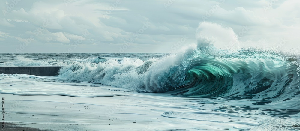 Fototapeta premium A tidal wave crashes onto the beach near a breakwater creating a turbulent water surface with ample copy space image
