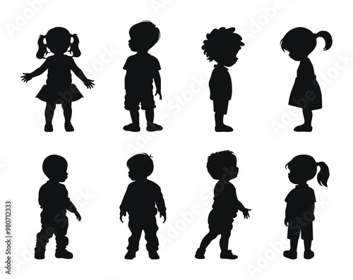 Set of standing children silhouettes detailed vector illustration. Black and white designs of young kids with diverse postures and profiles.