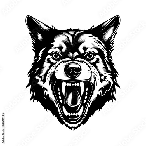 Aggressive dog head illustrations with bared teeth, detailed vector illustration. Ferocious canine faces black and white, powerful expressions and sharp fangs.
