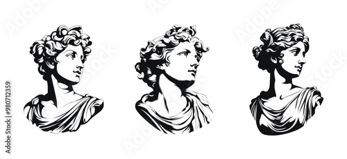 Classical bust sculptures, detailed vector illustration. Black and white designs of ancient Greek or Roman style statues and expressive faces.