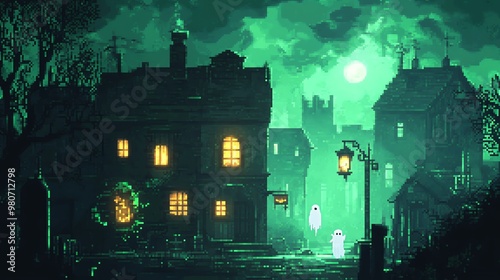 A haunted house scene illuminated by an eerie green glow, showcasing ghosts wandering through an atmospheric, spooky night.