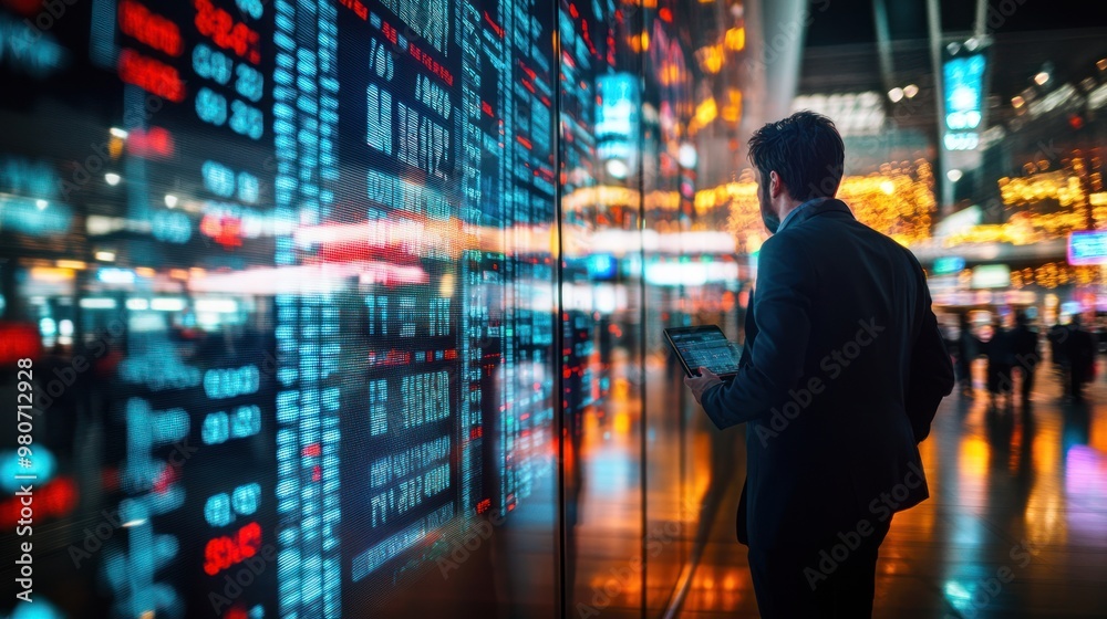 A businessman analyzes stock market data on a digital display in a bustling environment. A businessman analyzes stock market data on a digital display in a bustling environment.
