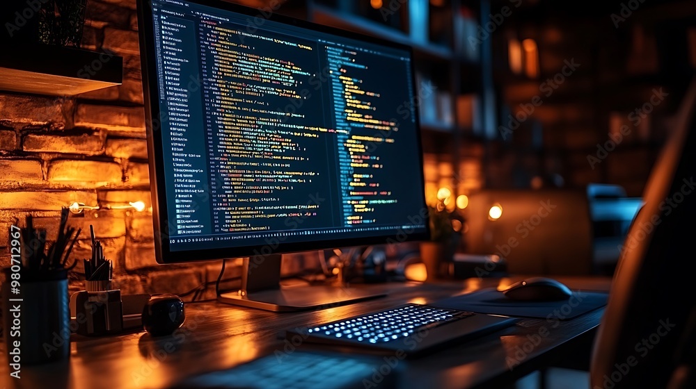 A programmer's workspace illuminated only by a glowing screen filled with lines of code, soft reflections on the desk and chair, deep shadows in the room, A programmer's workspace illuminated only by a glowing screen filled with lines of code, soft reflections on the desk and chair, deep shadows in the room,