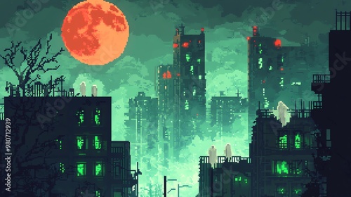 Wallpaper Mural A hauntingly beautiful digital landscape featuring derelict buildings under a glowing red moon, evoking a sense of mystery and intrigue. Torontodigital.ca