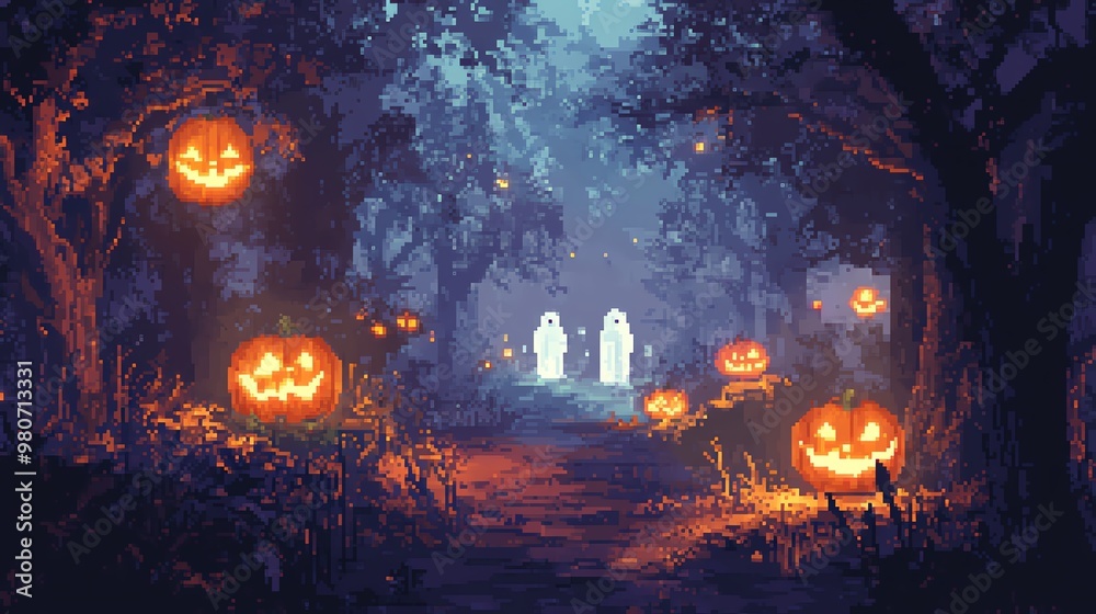 Eerie Halloween scene with glowing pumpkins and ghostly figures, surrounded by a mystical forest atmosphere. Eerie Halloween scene with glowing pumpkins and ghostly figures, surrounded by a mystical forest atmosphere.