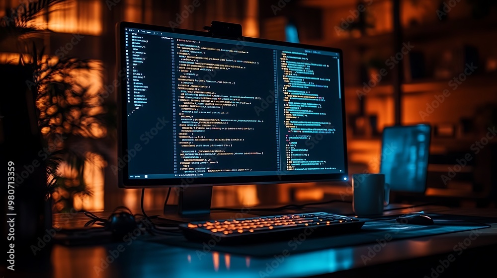 A quiet, dark office at midnight, the computer screen glowing with lines of code, shadows stretching across the desk, reflections on nearby objects,