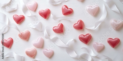 Pink and red hearts with white ribbon on white background.