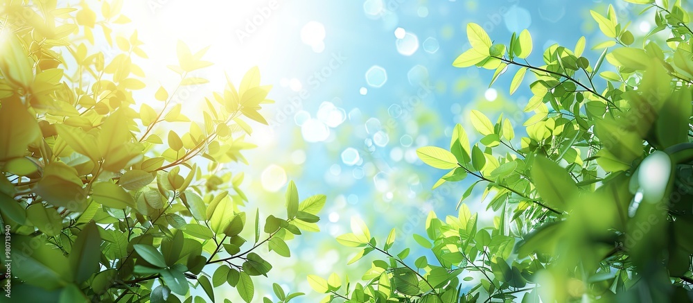 Obraz premium Summer forest landscape with green leaves against the blue sky and sun perfect for a copy space image