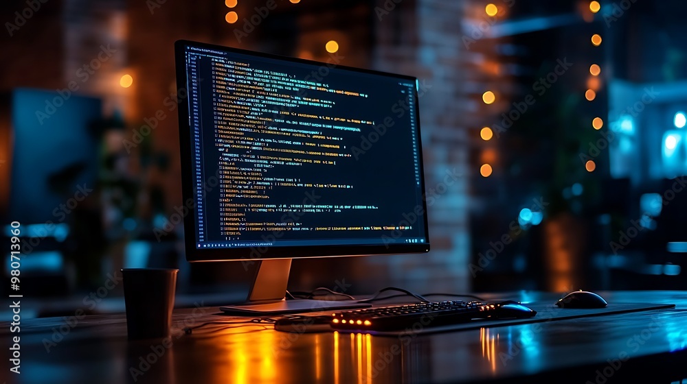 A quiet office at midnight, a computer monitor glowing with code, soft reflections of light on nearby surfaces, shadows cast across the empty space, A quiet office at midnight, a computer monitor glowing with code, soft reflections of light on nearby surfaces, shadows cast across the empty space,