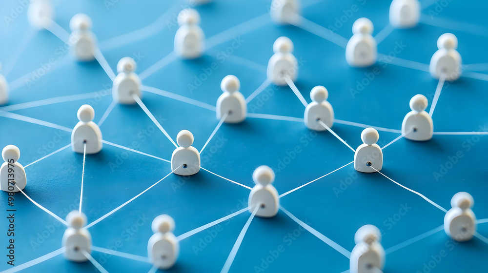 Abstract Illustration of a Network with White Figures Connected by Strings on a Blue Background, Representing Connections and Collaboration Abstract Illustration of a Network with White Figures Connected by Strings on a Blue Background, Representing Connections and Collaboration