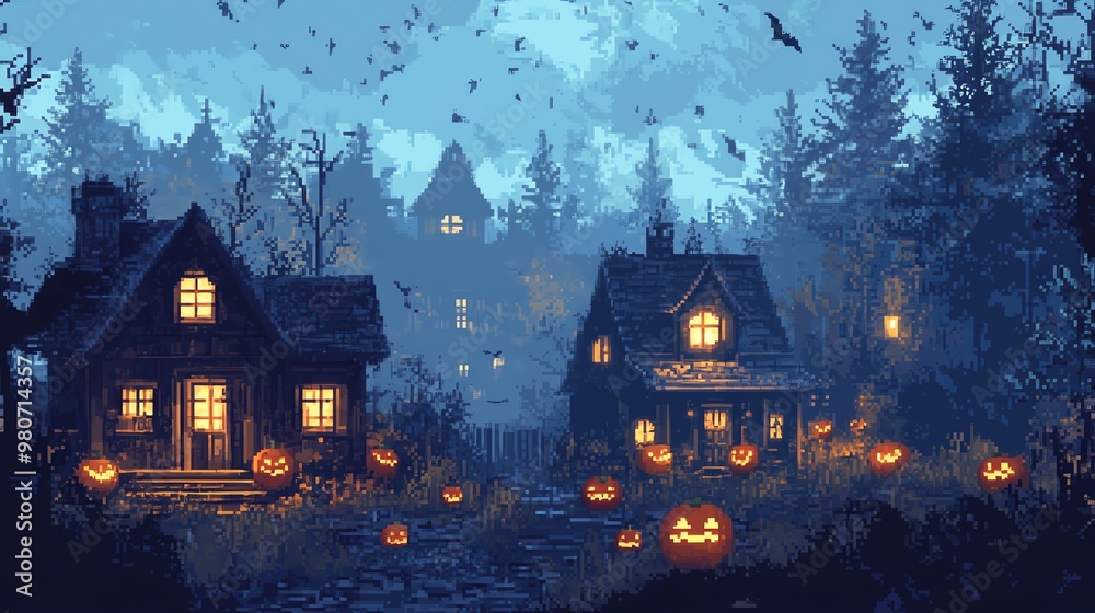 A spooky Halloween scene with glowing pumpkins and eerie houses set against a misty forest backdrop under a twilight sky. A spooky Halloween scene with glowing pumpkins and eerie houses set against a misty forest backdrop under a twilight sky.
