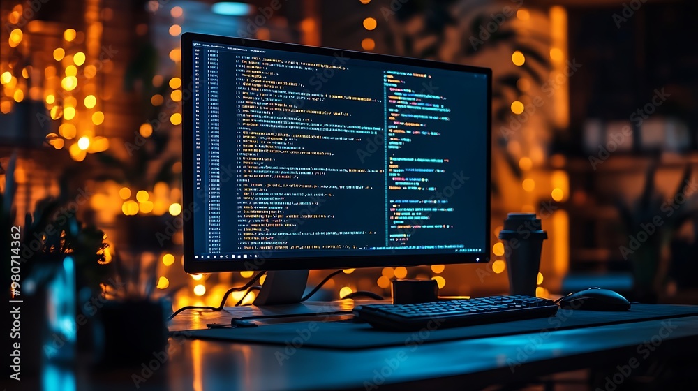 A quiet office at midnight, illuminated by a glowing screen displaying intricate code, soft reflections on the desk, shadows filling the room, A quiet office at midnight, illuminated by a glowing screen displaying intricate code, soft reflections on the desk, shadows filling the room,