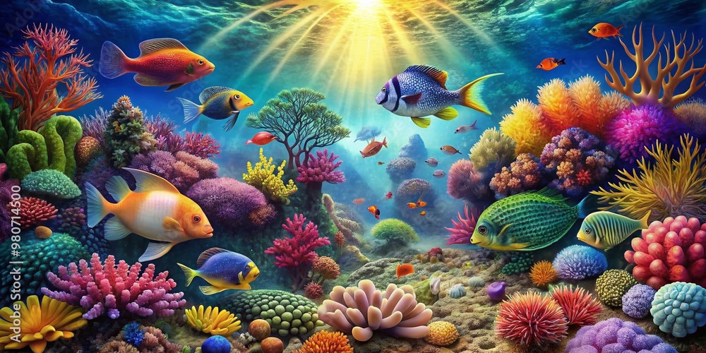 Naklejka premium Vibrant colors and intricate textures of coral reef formations create a stunning, intricate wallpaper background showcasing the beauty of underwater sea life in vivid detail.