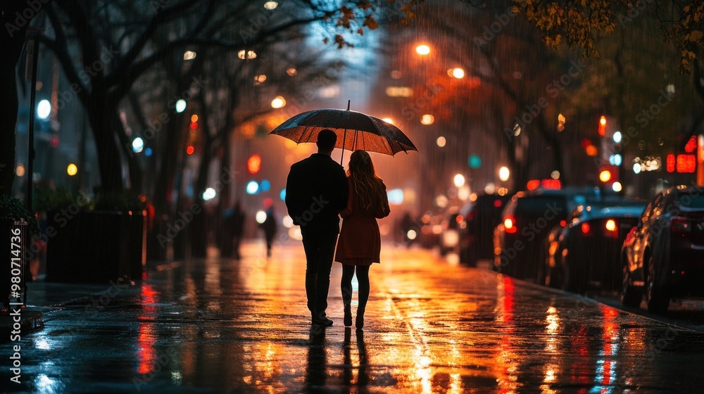 Obraz premium A couple walks under an umbrella on a rainy street, illuminated by city lights.