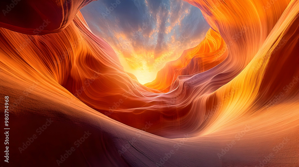 A Dramatic View of a Canyon with a Sunset Shining Through a Narrow Opening in the Rock, with a Golden Glow, Red Rocks, and a Cloudy Sky Above