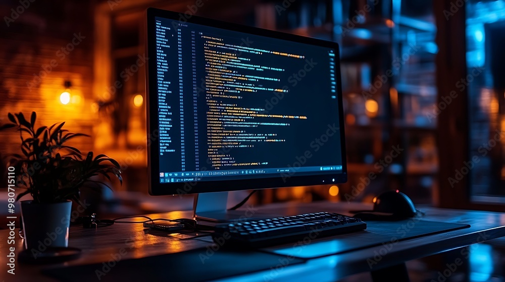 A quiet office at night, a glowing monitor showing lines of code, soft reflections on the desk and nearby surfaces, deep shadows filling the room, A quiet office at night, a glowing monitor showing lines of code, soft reflections on the desk and nearby surfaces, deep shadows filling the room,