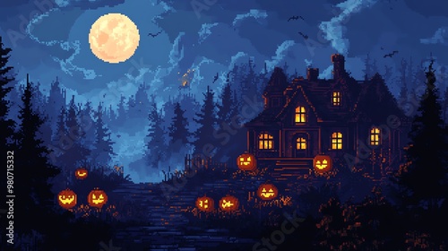 A spooky Halloween scene with a full moon, eerie house, and glowing pumpkins in a dark forest setting.