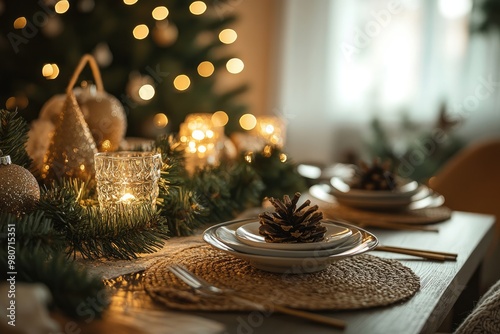 Closeup of a Christmas Table with Minimalistic Rustic Decor