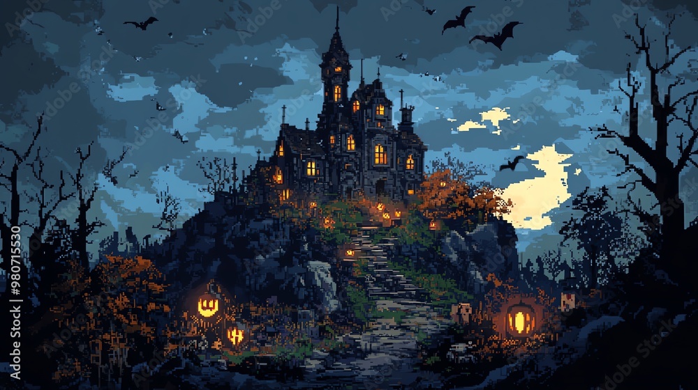 A spooky haunted house atop a hill, illuminated by glowing pumpkins and silhouetted bats against an eerie night sky. A spooky haunted house atop a hill, illuminated by glowing pumpkins and silhouetted bats against an eerie night sky.
