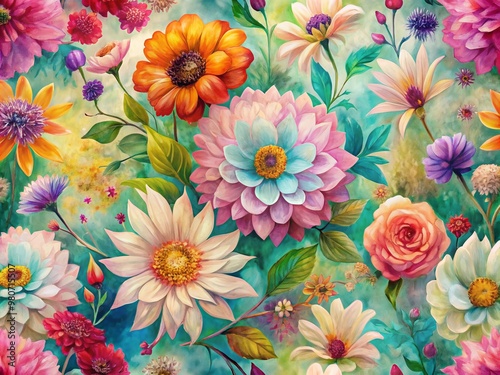 Vibrant abstract hand-drawn flower art in soft pastel hues, acrylic paint textures, and vintage flair, forming a seamless pattern on a nature-inspired floral background.