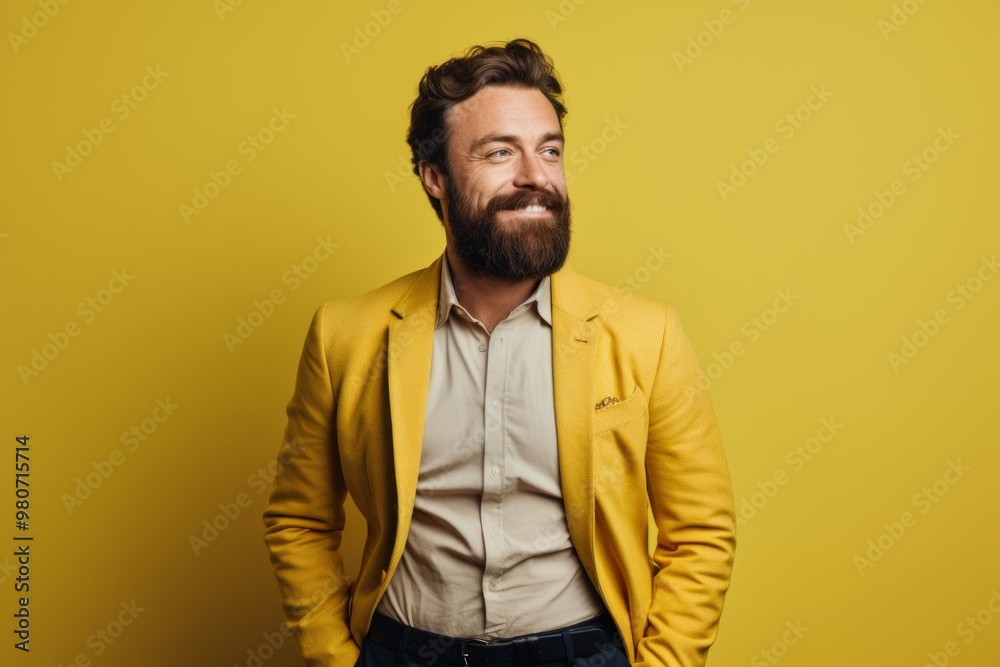 Portrait of a happy man in his 30s dressed in a stylish blazer on soft yellow background Portrait of a happy man in his 30s dressed in a stylish blazer on soft yellow background
