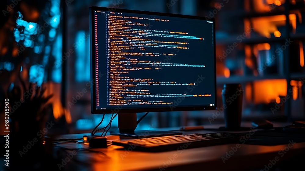 A quiet office at night, the only light source being a glowing screen displaying complex code, soft shadows cast across the desk, a focused atmosphere, A quiet office at night, the only light source being a glowing screen displaying complex code, soft shadows cast across the desk, a focused atmosphere,