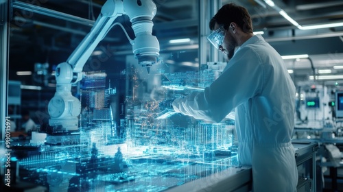 A scientist interacts with a holographic model using a robotic arm in a high-tech lab.