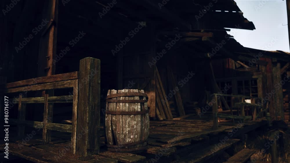 An old wooden building with a barrel next to it An old wooden building with a barrel next to it