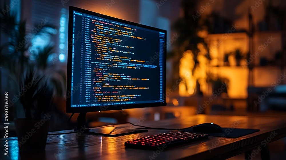 A quiet office illuminated by a glowing computer monitor showing code, shadows stretching across the floor, soft reflections on the desk, A quiet office illuminated by a glowing computer monitor showing code, shadows stretching across the floor, soft reflections on the desk,