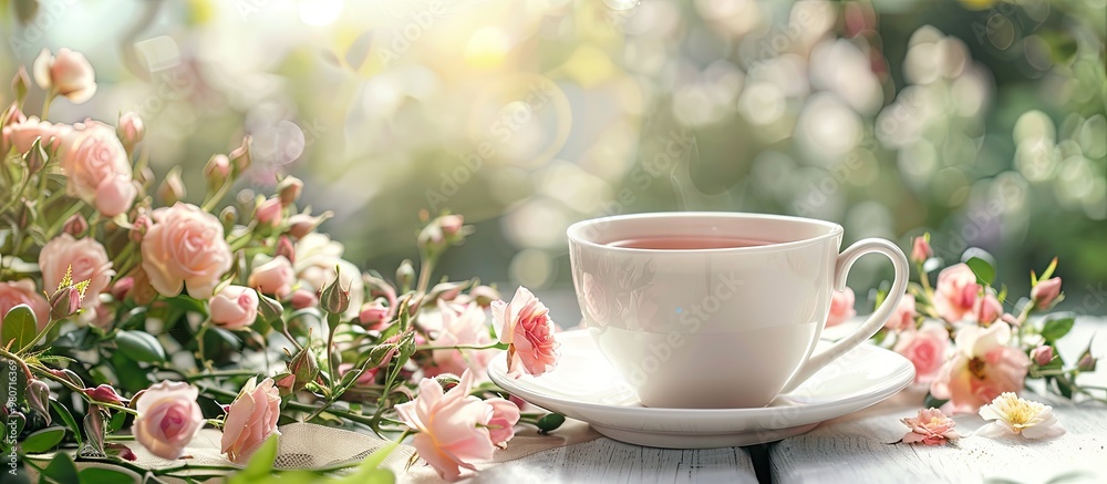 Ceramic cup with herbal tea set against a summer garden backdrop featuring blooming rose flowers creating a serene copy space image Ceramic cup with herbal tea set against a summer garden backdrop featuring blooming rose flowers creating a serene copy space image