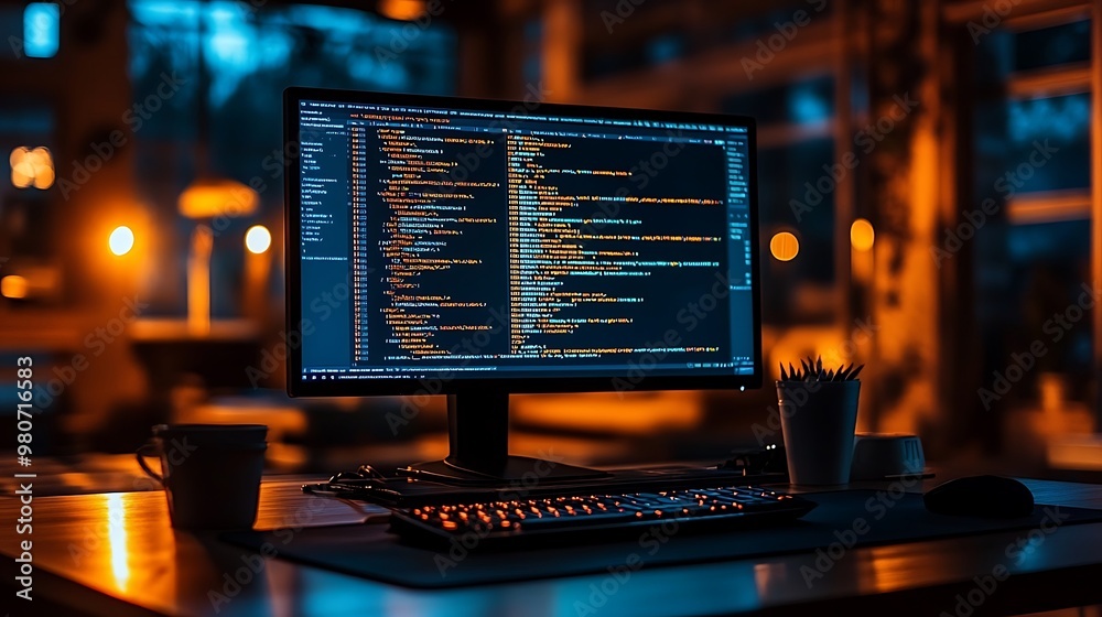 A quiet office illuminated by the soft glow of a monitor showing lines of code, shadows stretching across the desk, reflections on the floor, A quiet office illuminated by the soft glow of a monitor showing lines of code, shadows stretching across the desk, reflections on the floor,