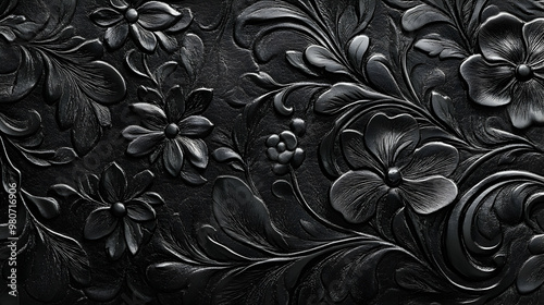 Black Leather with Embossed Floral Pattern, Intricate Design with Raised Flowers and Vines,  Detailed Texture for Backgrounds or Design