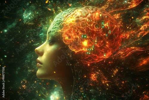 Digital cosmic representation of a woman’s head with an illuminated brain visualizing the integration of human thought with artificial intelligence in a vast neural cosmos