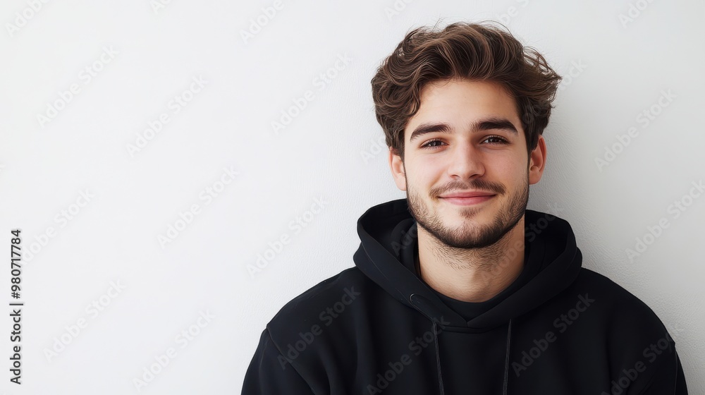 Casual Smile and Style: A Man in a Black Hoodie Captivating with a Warm Expression for Lifestyle Imagery Casual Smile and Style: A Man in a Black Hoodie Captivating with a Warm Expression for Lifestyle Imagery