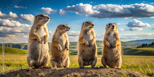 Vibrant prairie dogs dot the rolling hillsides, their upright posture a testament to their curiosity as they survey