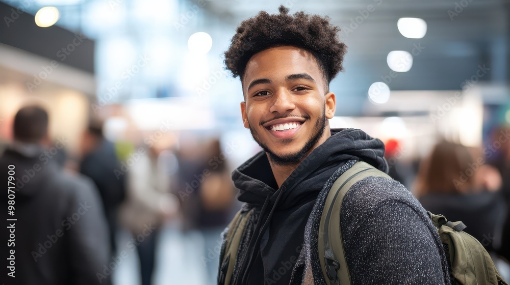 Smiling Man Standing Casually at an Expo, Perfect for Event Promotion and Business Related Visuals Smiling Man Standing Casually at an Expo, Perfect for Event Promotion and Business Related Visuals