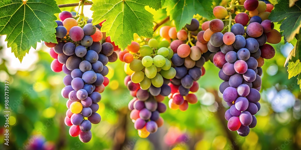 Vibrant, succulent grapes adorn a lush vine, their emerald green leaves bursting with life, basking in warm sunlight Vibrant, succulent grapes adorn a lush vine, their emerald green leaves bursting with life, basking in warm sunlight