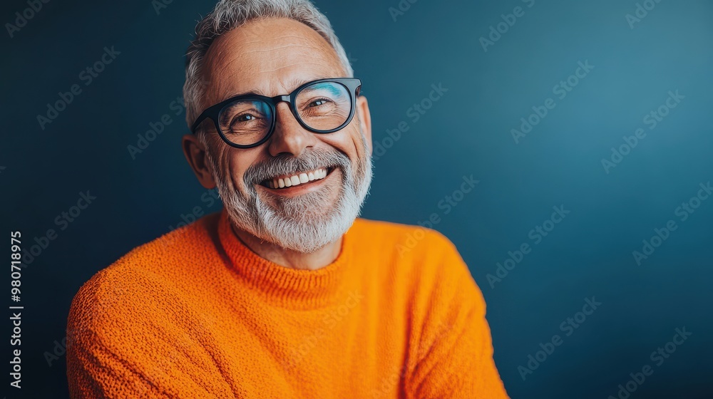 Obraz premium A Mature Man in an Orange Sweater and Eyeglasses Engaging in Thoughtful Reflection in a Cozy Environment