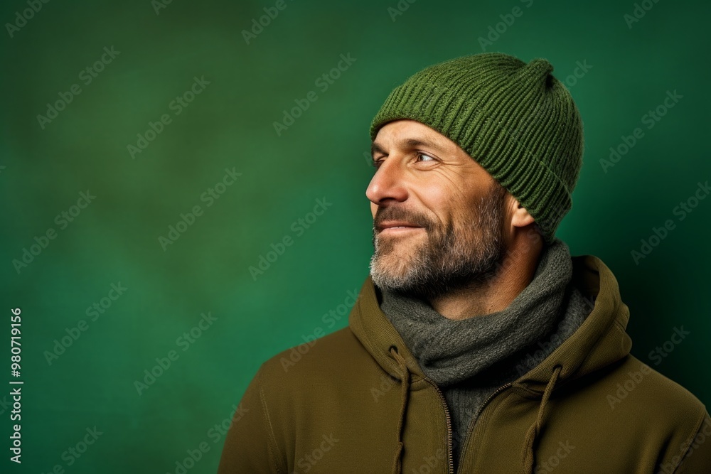 Portrait of a blissful man in his 40s donning a warm wool beanie isolated on soft green background Portrait of a blissful man in his 40s donning a warm wool beanie isolated on soft green background
