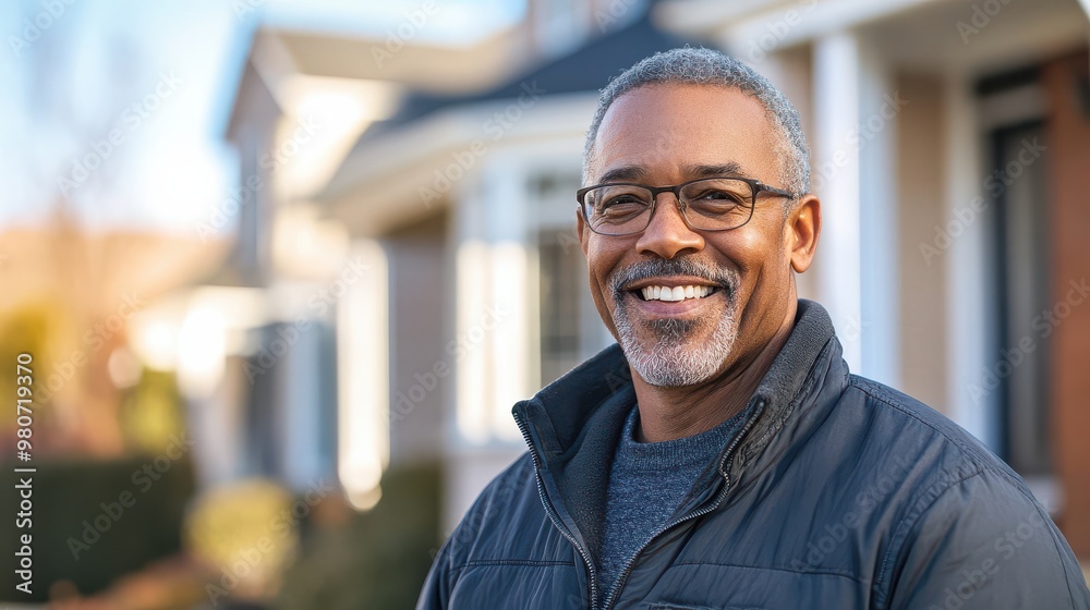 Mature Man Smiling Proudly in Front of His Beautiful New House with a Welcoming Environment Mature Man Smiling Proudly in Front of His Beautiful New House with a Welcoming Environment